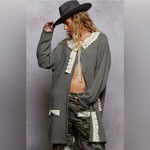 POL Gray Cardigan with Cream Lace Trim